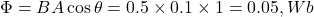  \Phi = B A \cos\theta = 0.5 \times 0.1 \times 1 = 0.05 , Wb 