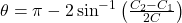 \theta = \pi - 2 \sin^{-1}\left(\frac{C_2 - C_1}{2C}\right)