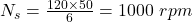  N_s = \frac{120 \times 50}{6} = 1000 \ rpm 