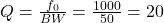  Q = \frac{f_0}{BW} = \frac{1000}{50} = 20 