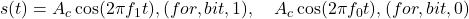  s(t) = A_c \cos(2\pi f_1 t) , (for , bit,1), \quad A_c \cos(2\pi f_0 t) , (for , bit,0) 
