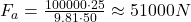  F_a = \frac{100000 \cdot 25}{9.81 \cdot 50} \approx 51000 N 