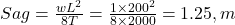  Sag = \frac{wL^2}{8T} = \frac{1 \times 200^2}{8 \times 2000} = 1.25 , m 