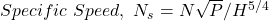 Specific\ Speed,\ N_s = N \sqrt{P} / H^{5/4}