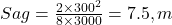  Sag = \frac{2 \times 300^2}{8 \times 3000} = 7.5 , m 