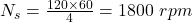  N_s = \frac{120 \times 60}{4} = 1800 \ rpm 